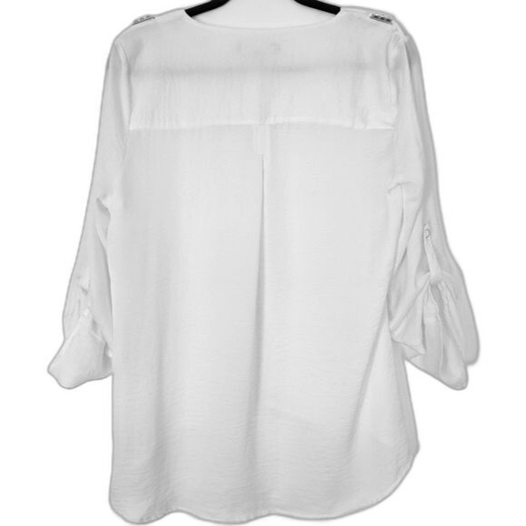ELLEN TRACY Sheer White Long Sleeve V-Neck Blouse Gold Accents Loose size S - Picture 2 of 9